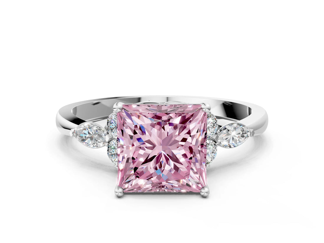 White gold Fancy Pink Princess Cut Brilliant Diamond Solitaire Ring with Pear Side Stones and Four-Prong Setting_6