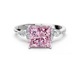 White gold Fancy Pink Princess Cut Brilliant Diamond Solitaire Ring with Pear Side Stones and Four-Prong Setting_6
