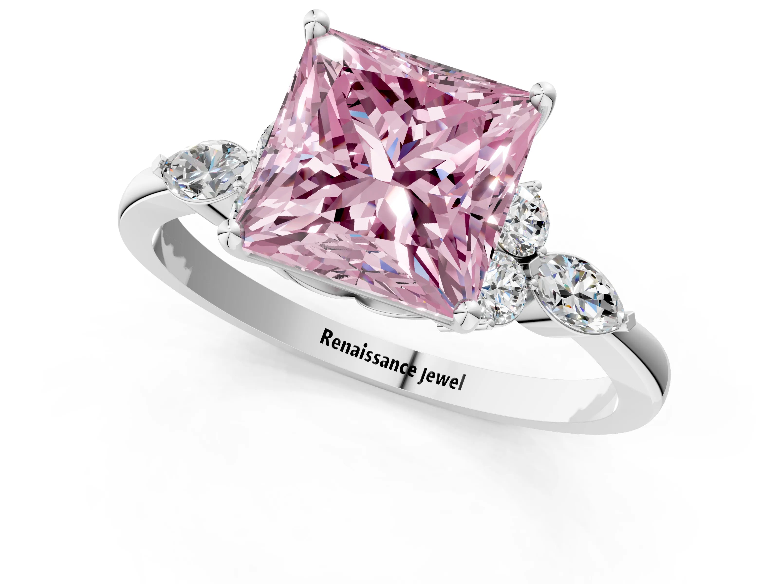 White gold Fancy Pink Princess Cut Brilliant Diamond Solitaire Ring with Pear Side Stones and Four-Prong Setting_7