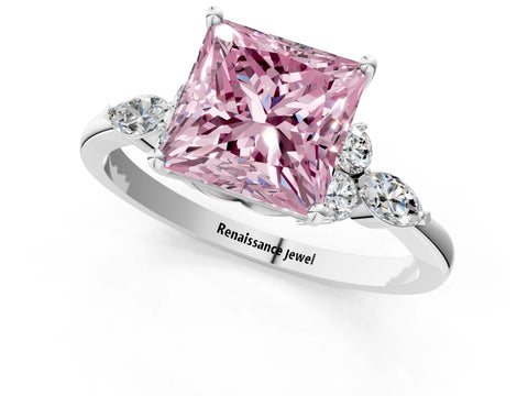White gold Fancy Pink Princess Cut Brilliant Diamond Solitaire Ring with Pear Side Stones and Four-Prong Setting_7