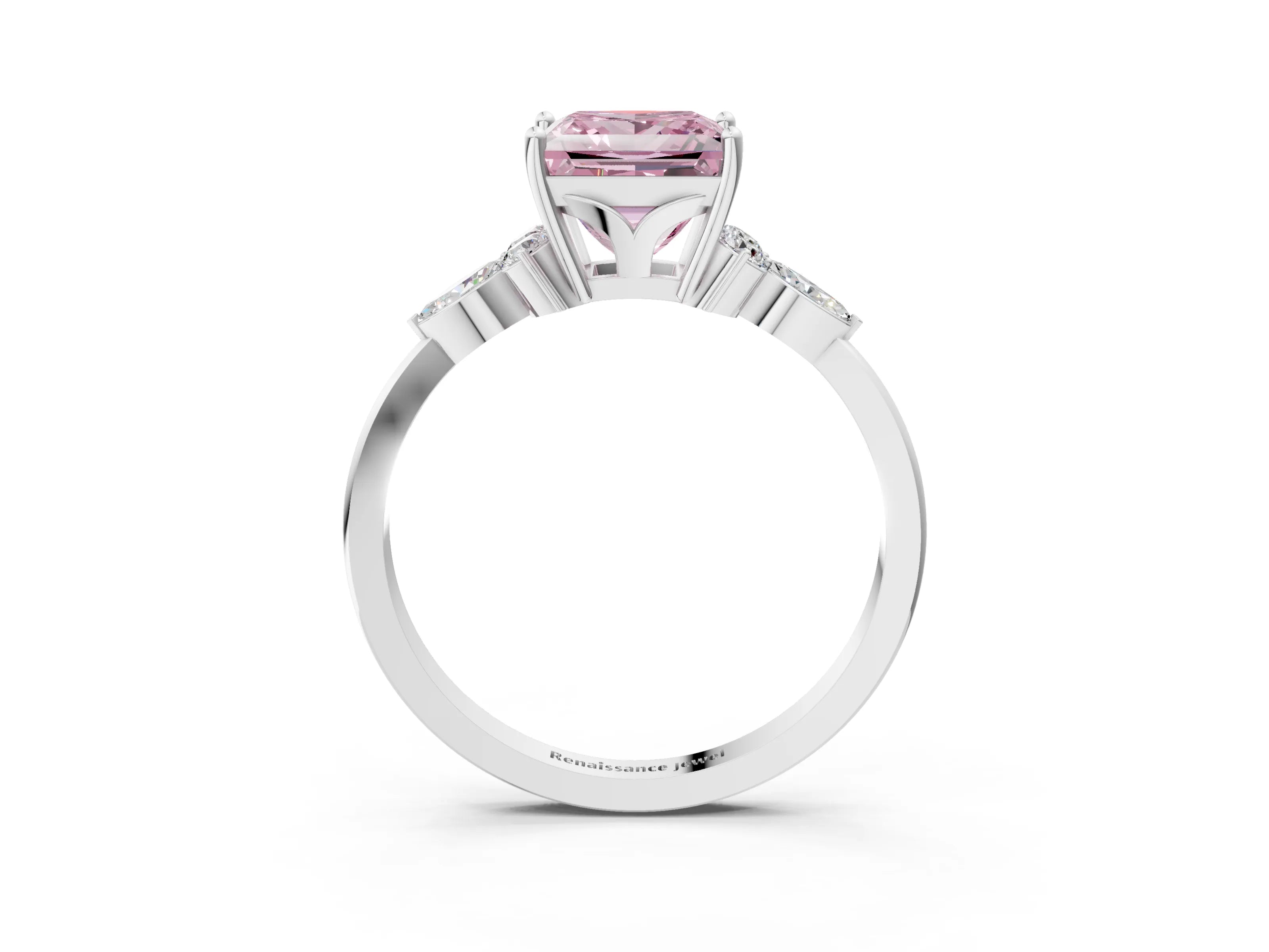 White gold Fancy Pink Princess Cut Brilliant Diamond Solitaire Ring with Pear Side Stones and Four-Prong Setting_9