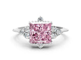 White gold Fancy Pink Princess Cut Brilliant Diamond with Cluster Setting on a Beaded Band and Four-Prong Setting