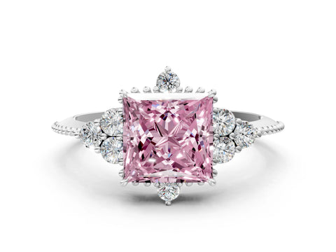 White gold Fancy Pink Princess Cut Brilliant Diamond with Cluster Setting on a Beaded Band and Four-Prong Setting_12