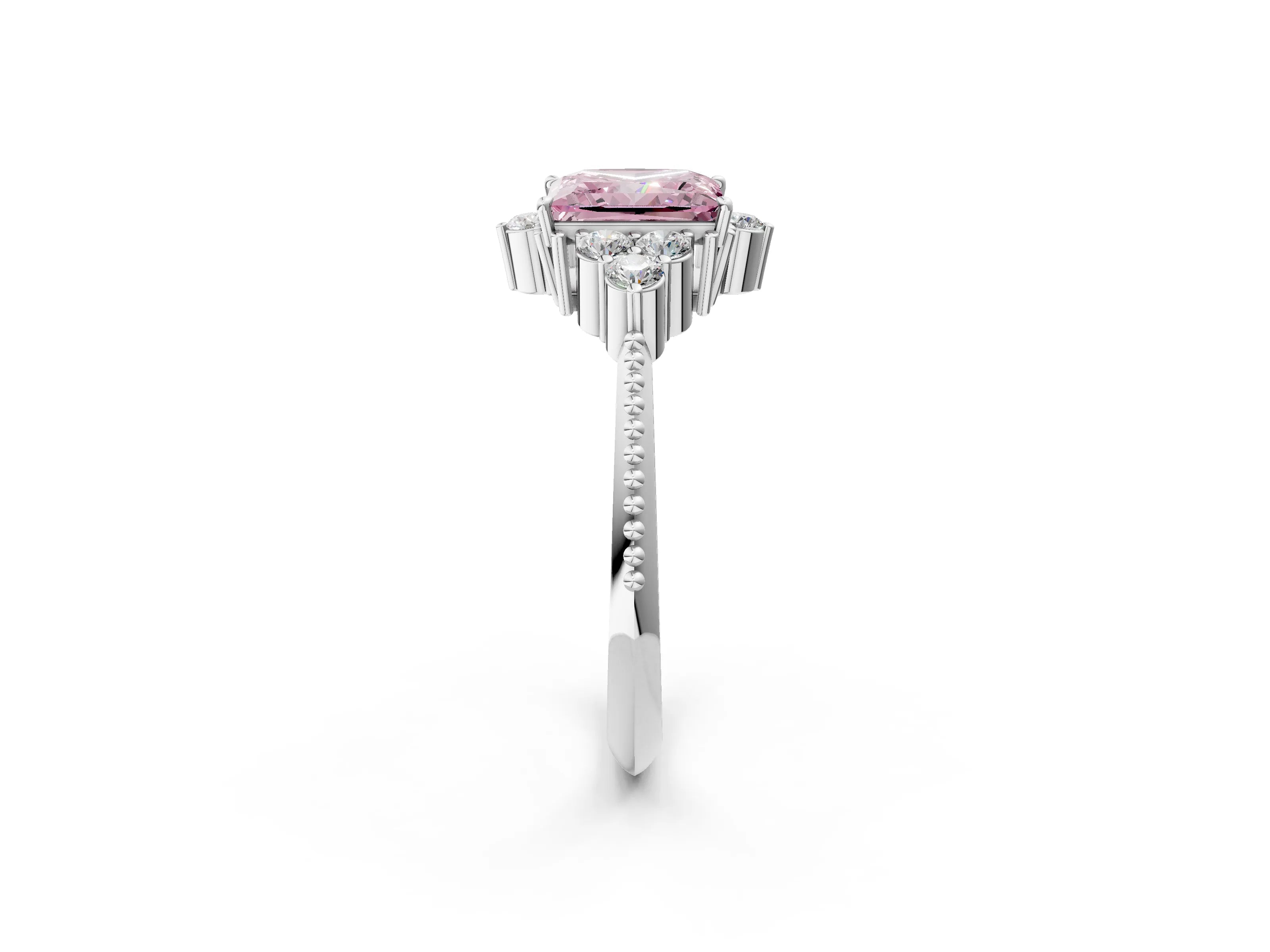 White gold Fancy Pink Princess Cut Brilliant Diamond with Cluster Setting on a Beaded Band and Four-Prong Setting_14