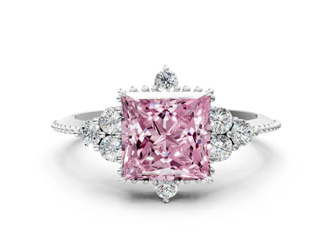 White gold Fancy Pink Princess Cut Brilliant Diamond with Cluster Setting on a Beaded Band and Four-Prong Setting_24