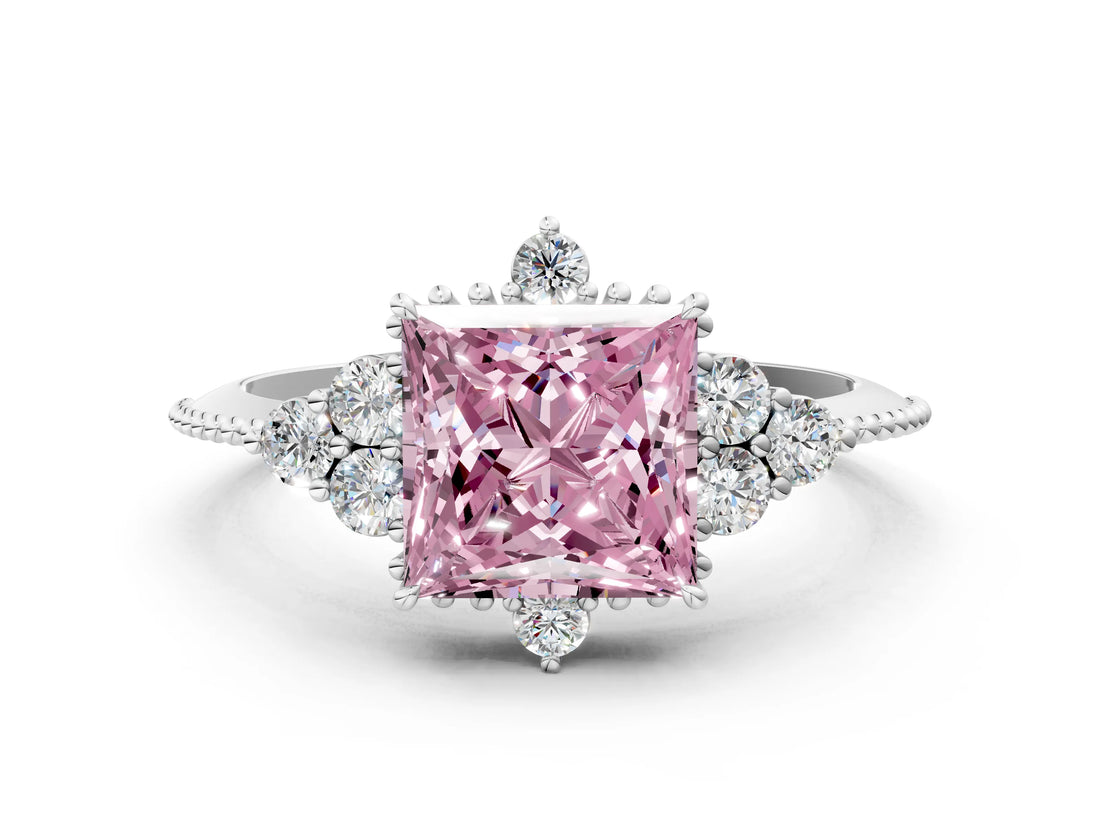 White gold Fancy Pink Princess Cut Brilliant Diamond with Cluster Setting on a Beaded Band and Four-Prong Setting_37