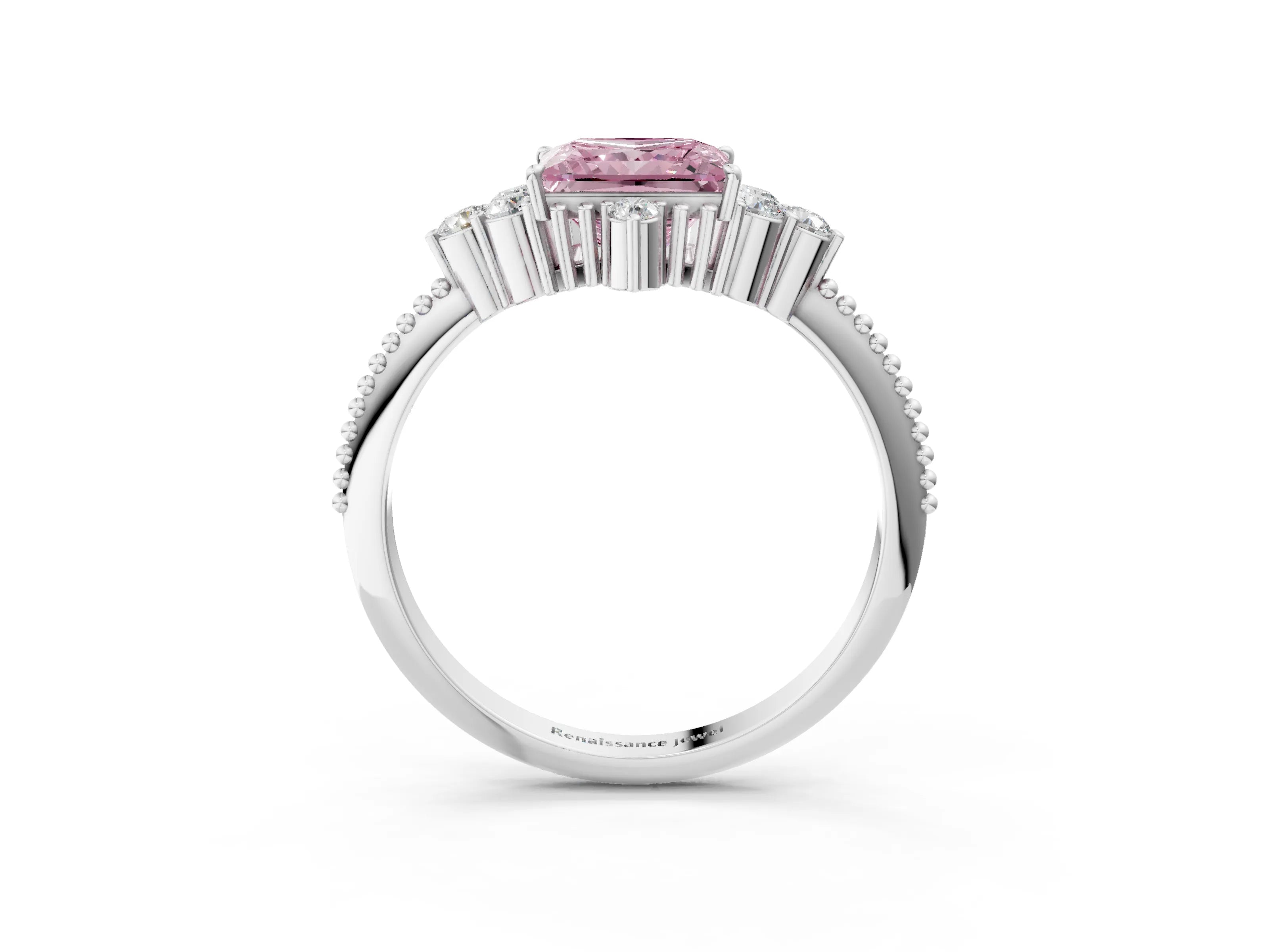 White gold Fancy Pink Princess Cut Brilliant Diamond with Cluster Setting on a Beaded Band and Four-Prong Setting_39
