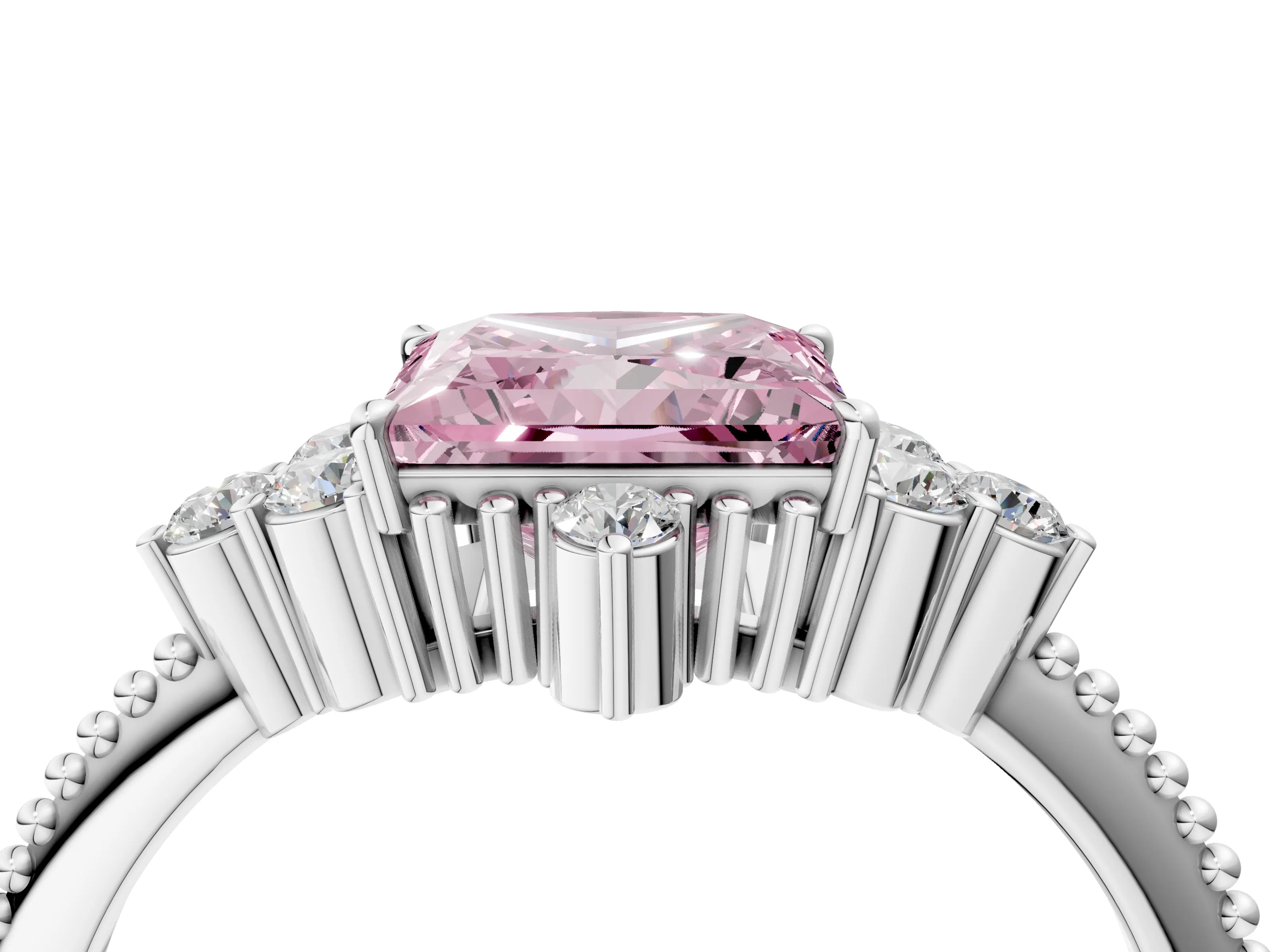 White gold Fancy Pink Princess Cut Brilliant Diamond with Cluster Setting on a Beaded Band and Four-Prong Setting_4
