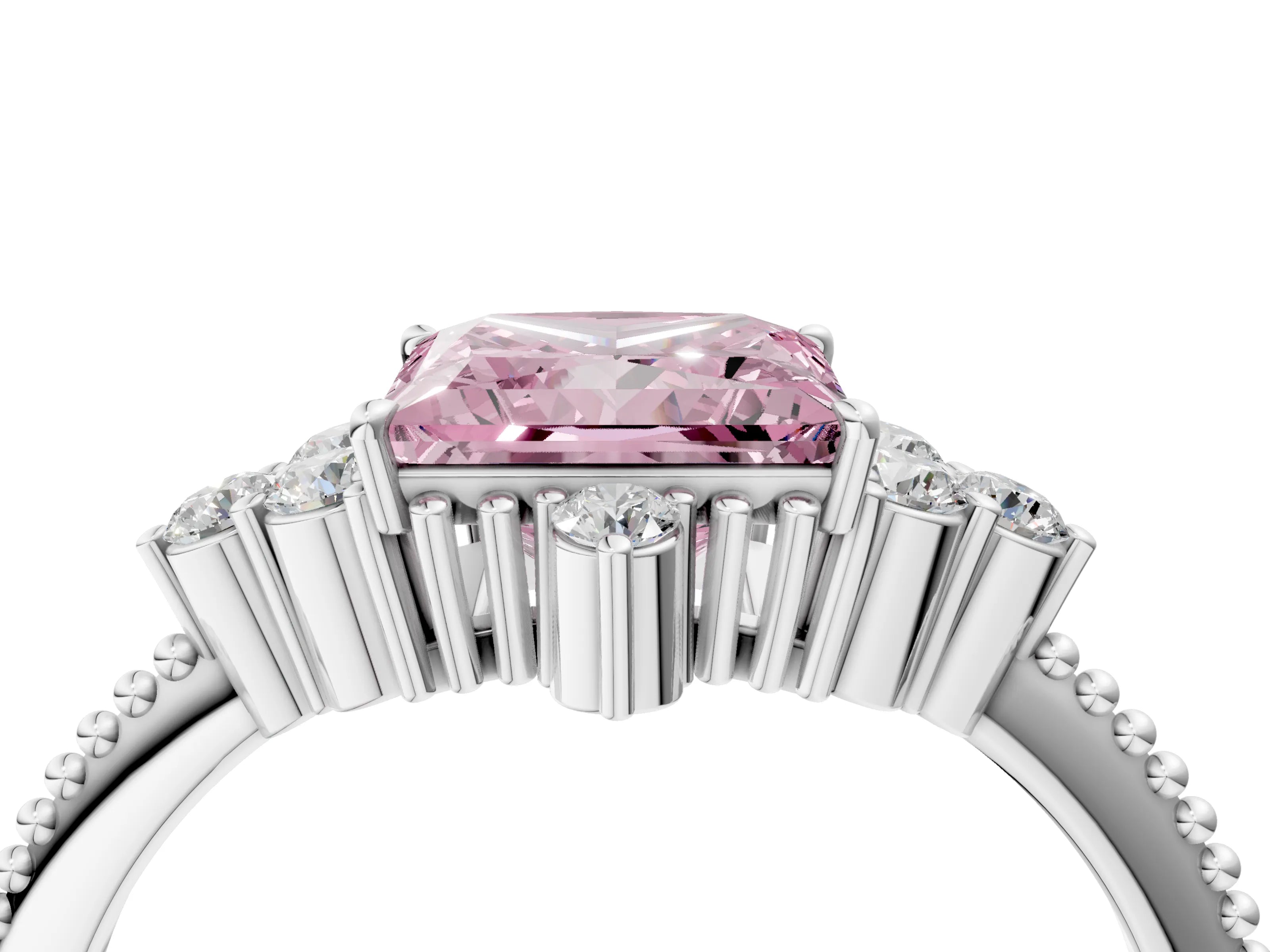 White gold Fancy Pink Princess Cut Brilliant Diamond with Cluster Setting on a Beaded Band and Four-Prong Setting_40