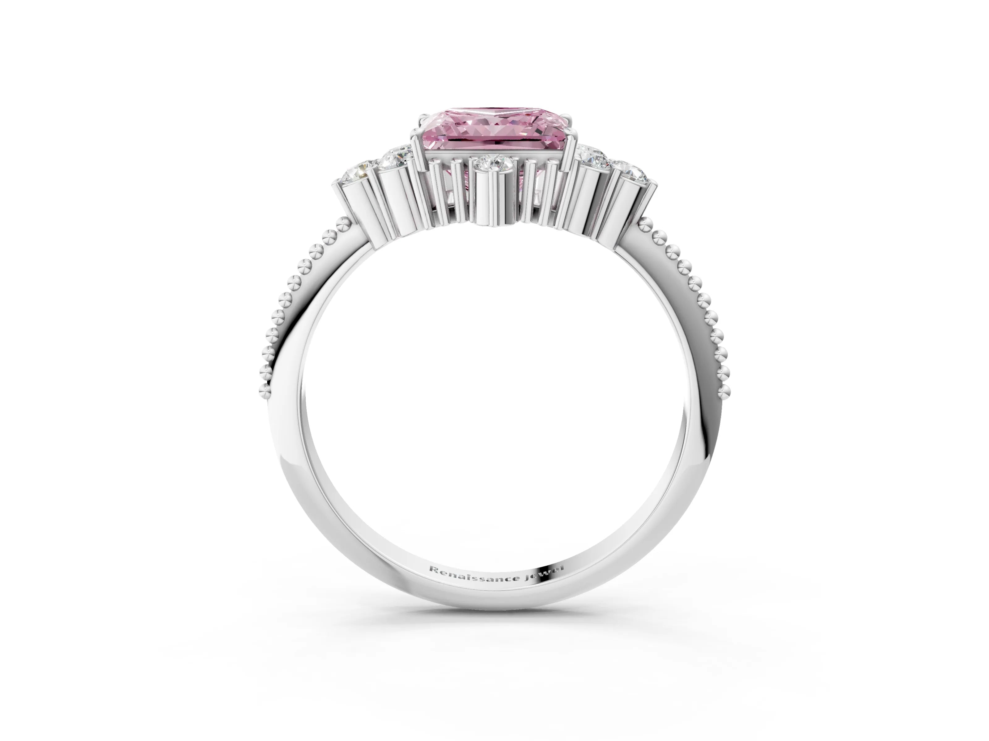 White gold Fancy Pink Princess Cut Brilliant Diamond with Cluster Setting on a Beaded Band and Four-Prong Setting_40