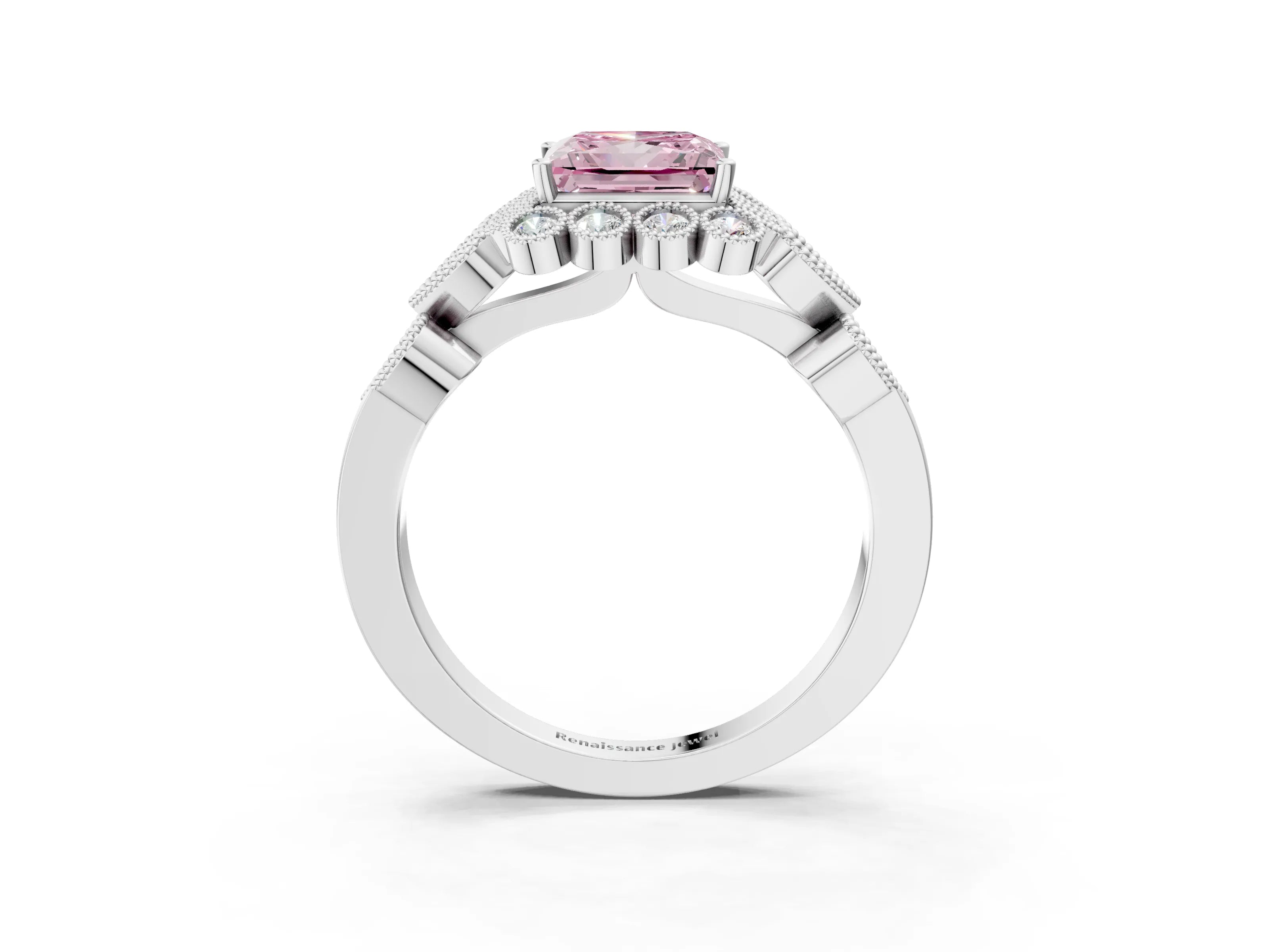 White gold Fancy Pink Princess Cut Brilliant Milgrain Pave Heart Band Solitaire Ring_15