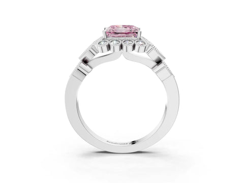 White gold Fancy Pink Princess Cut Brilliant Milgrain Pave Heart Band Solitaire Ring_15