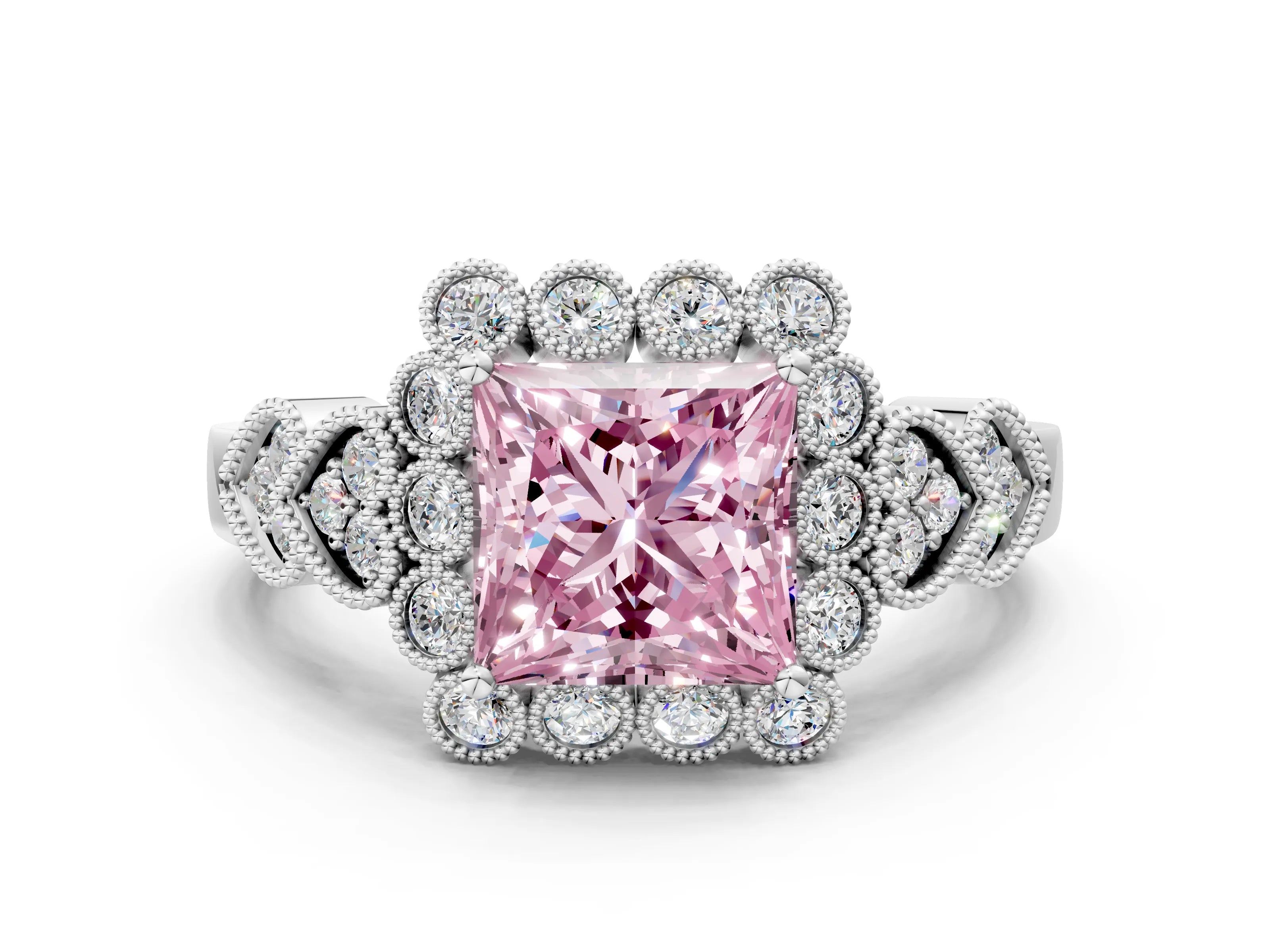 White gold Fancy Pink Princess Cut Brilliant Milgrain Pave Heart Band Solitaire Ring