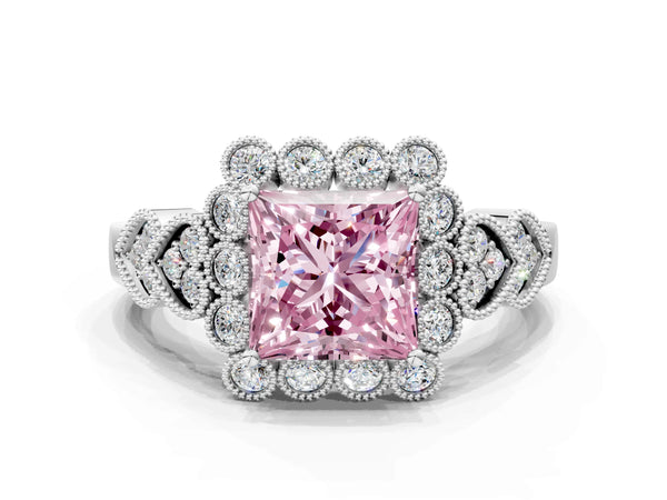 White gold Fancy Pink Princess Cut Brilliant Milgrain Pave Heart Band Solitaire Ring