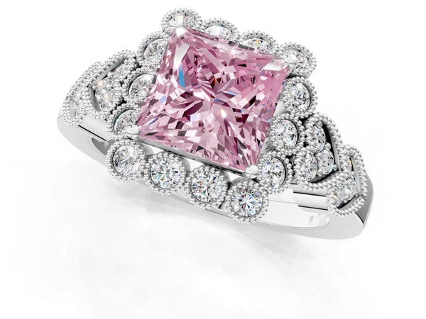 White gold Fancy Pink Princess Cut Brilliant Milgrain Pave Heart Band Solitaire Ring