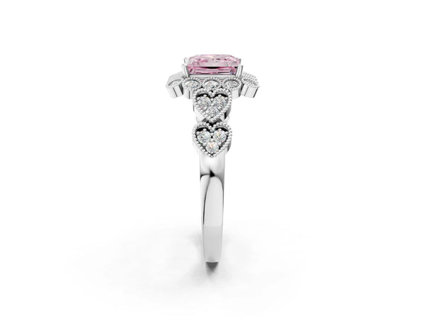 White gold Fancy Pink Princess Cut Brilliant Milgrain Pave Heart Band Solitaire Ring