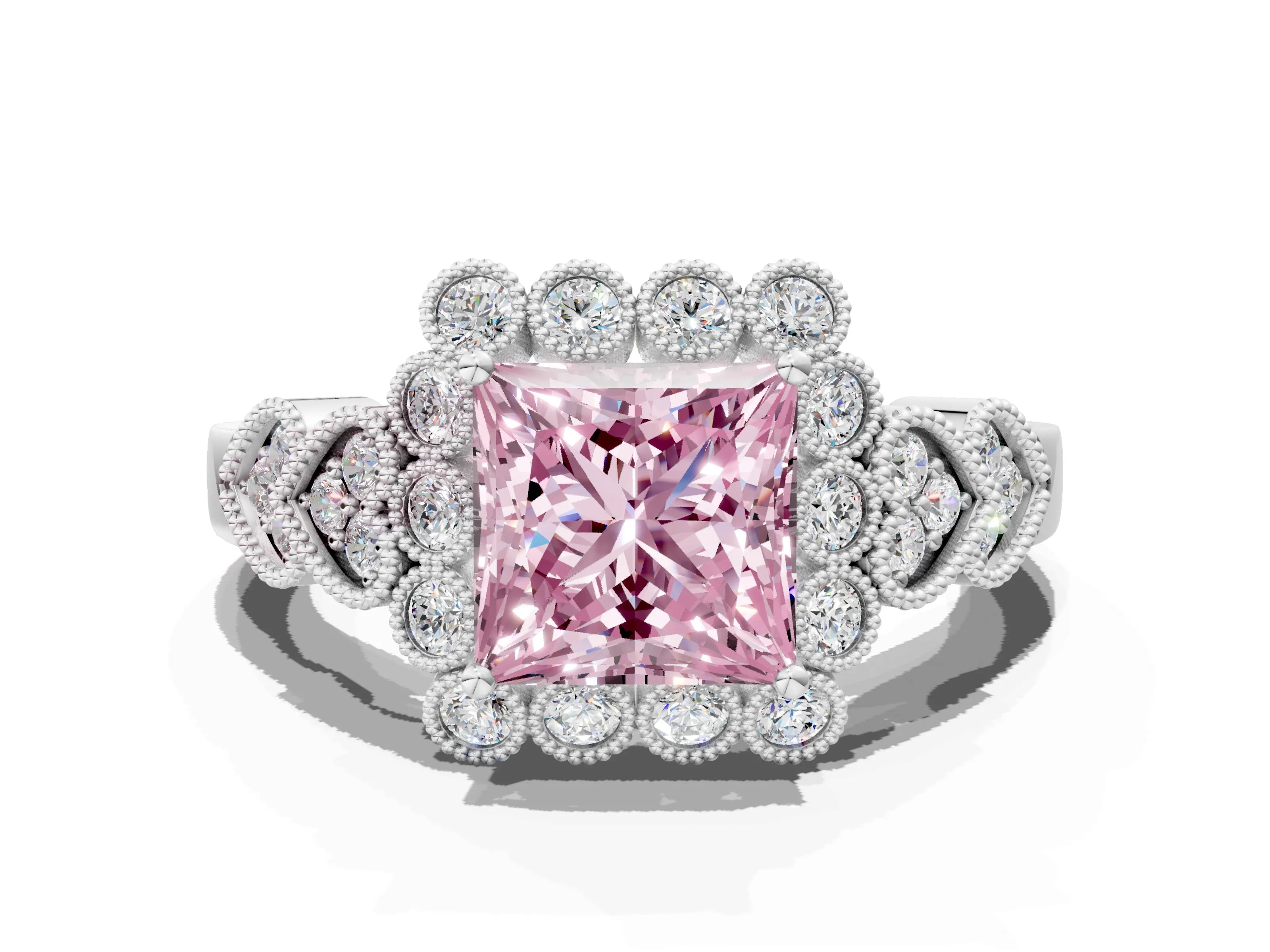 White gold Fancy Pink Princess Cut Brilliant Milgrain Pave Heart Band Solitaire Ring_24