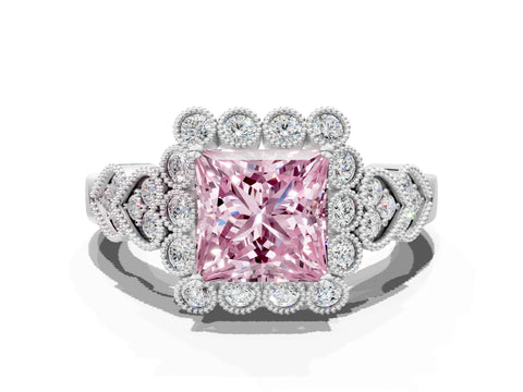 White gold Fancy Pink Princess Cut Brilliant Milgrain Pave Heart Band Solitaire Ring_24
