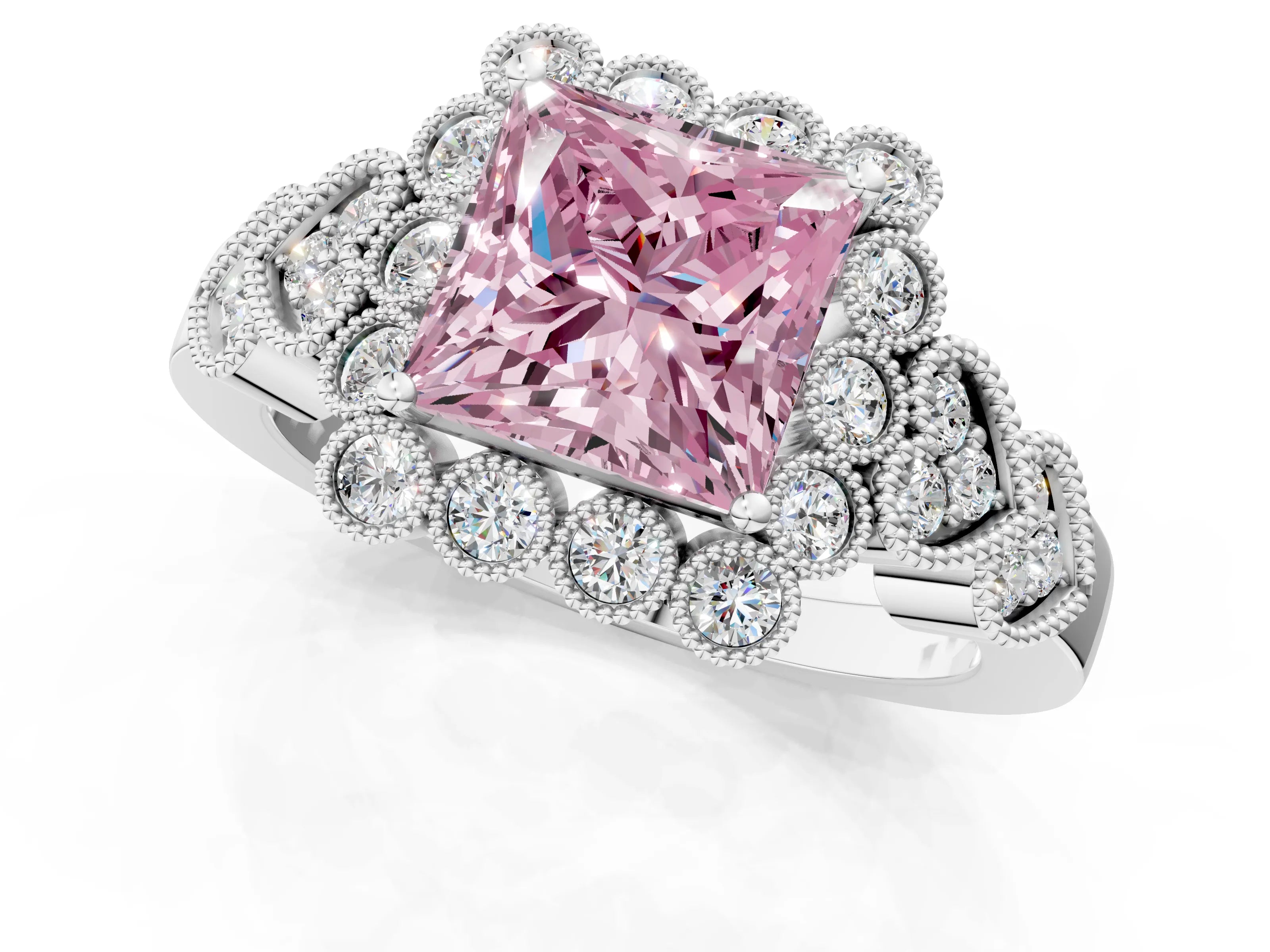 White gold Fancy Pink Princess Cut Brilliant Milgrain Pave Heart Band Solitaire Ring_25