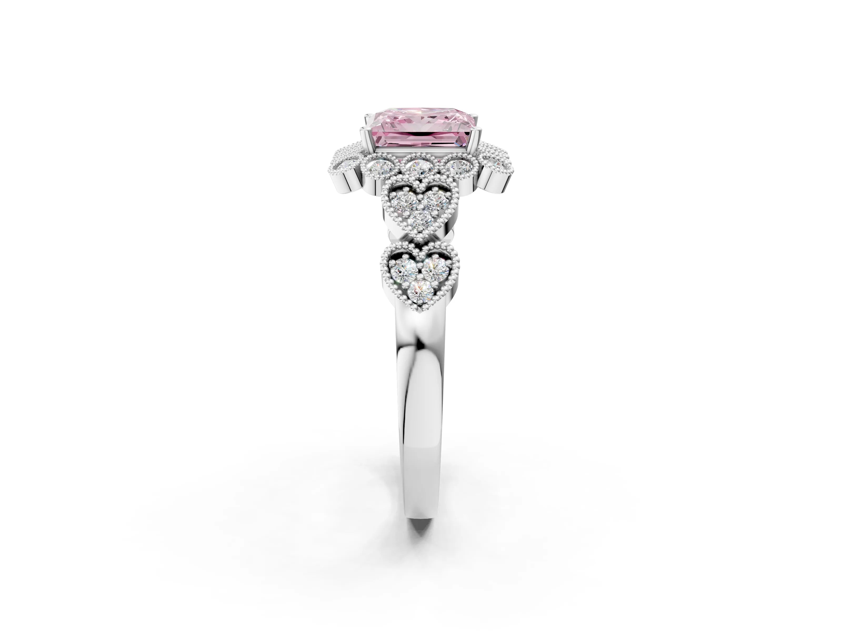 White gold Fancy Pink Princess Cut Brilliant Milgrain Pave Heart Band Solitaire Ring_26