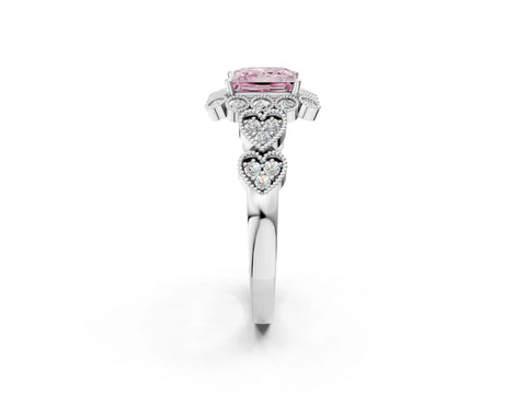 White gold Fancy Pink Princess Cut Brilliant Milgrain Pave Heart Band Solitaire Ring_26