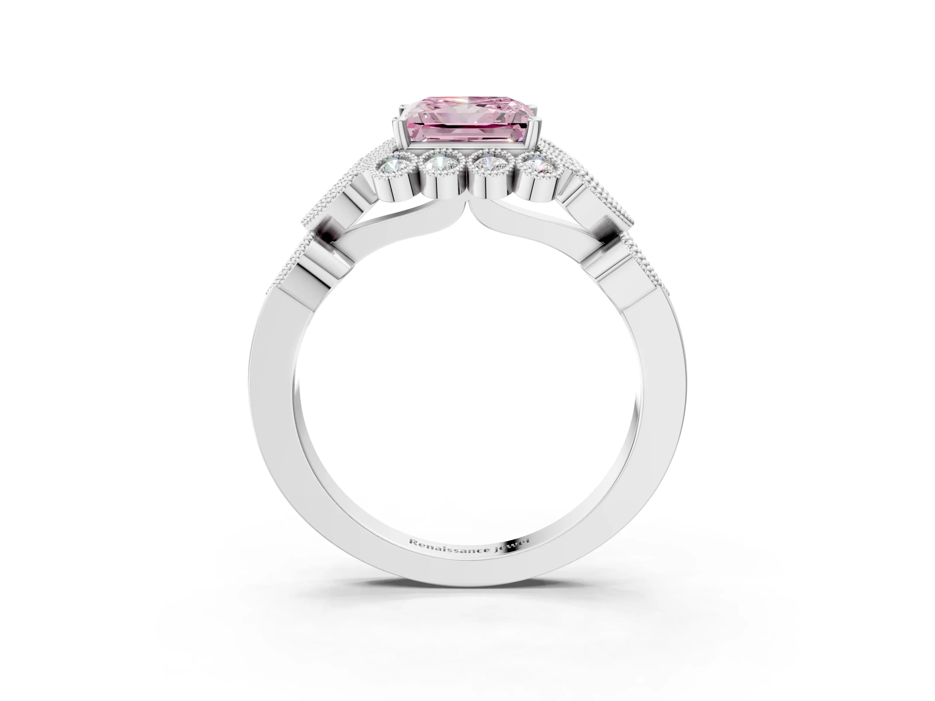 White gold Fancy Pink Princess Cut Brilliant Milgrain Pave Heart Band Solitaire Ring_27