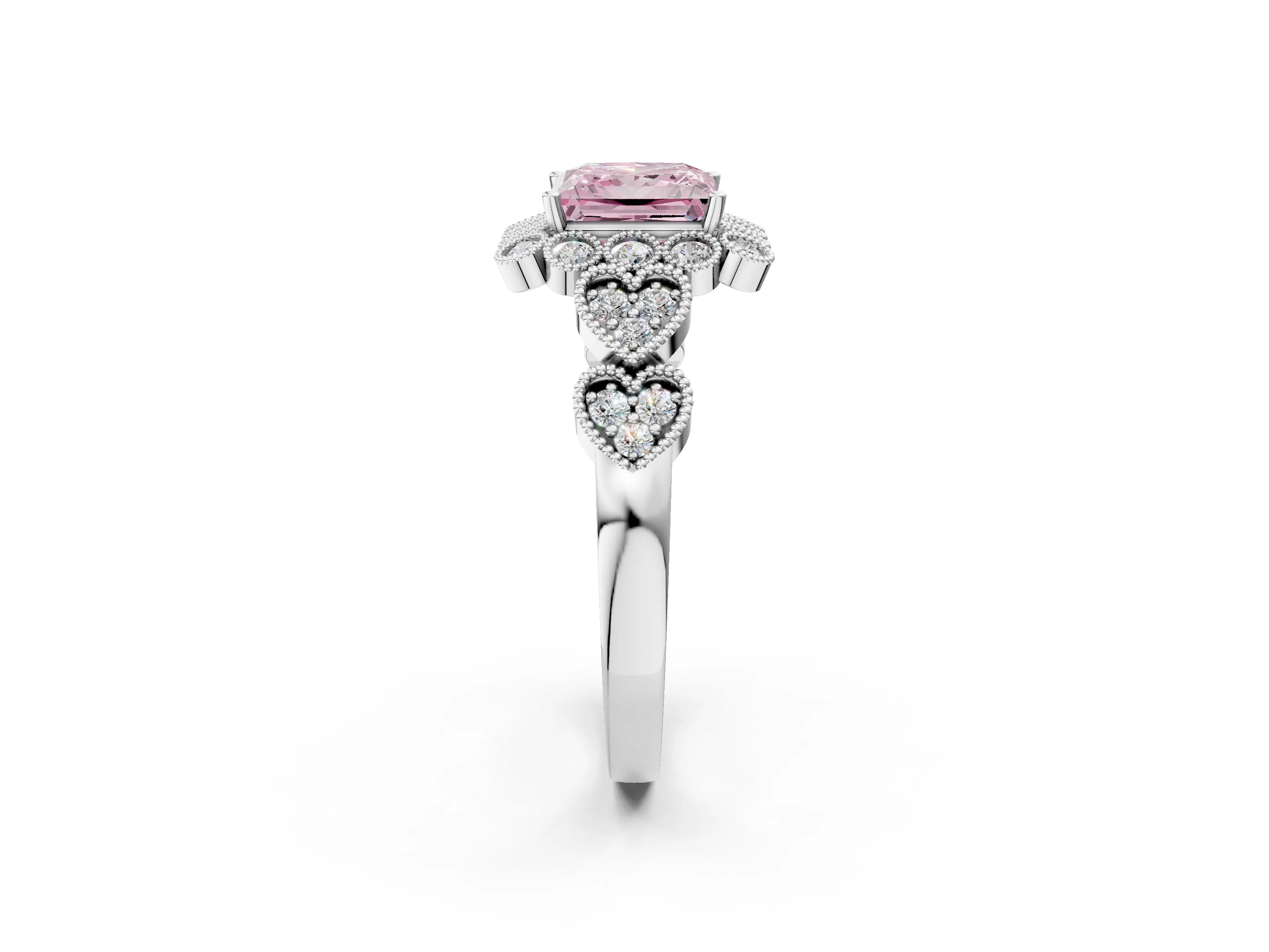 White gold Fancy Pink Princess Cut Brilliant Milgrain Pave Heart Band Solitaire Ring_2