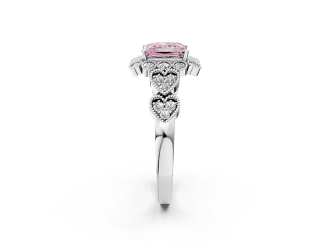 White gold Fancy Pink Princess Cut Brilliant Milgrain Pave Heart Band Solitaire Ring_2