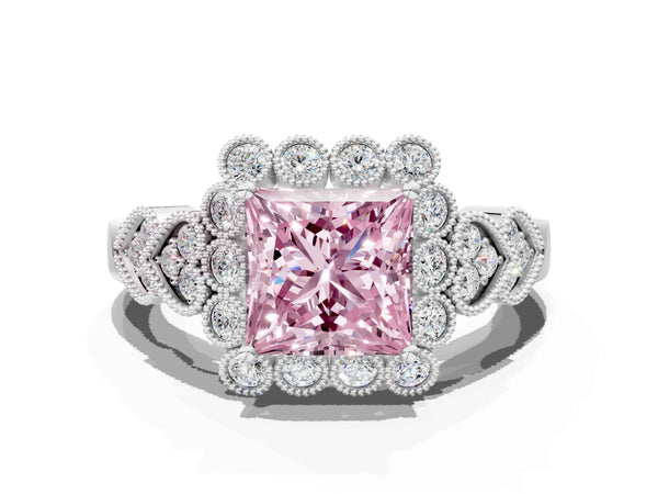 White gold Fancy Pink Princess Cut Brilliant Milgrain Pave Heart Band Solitaire Ring