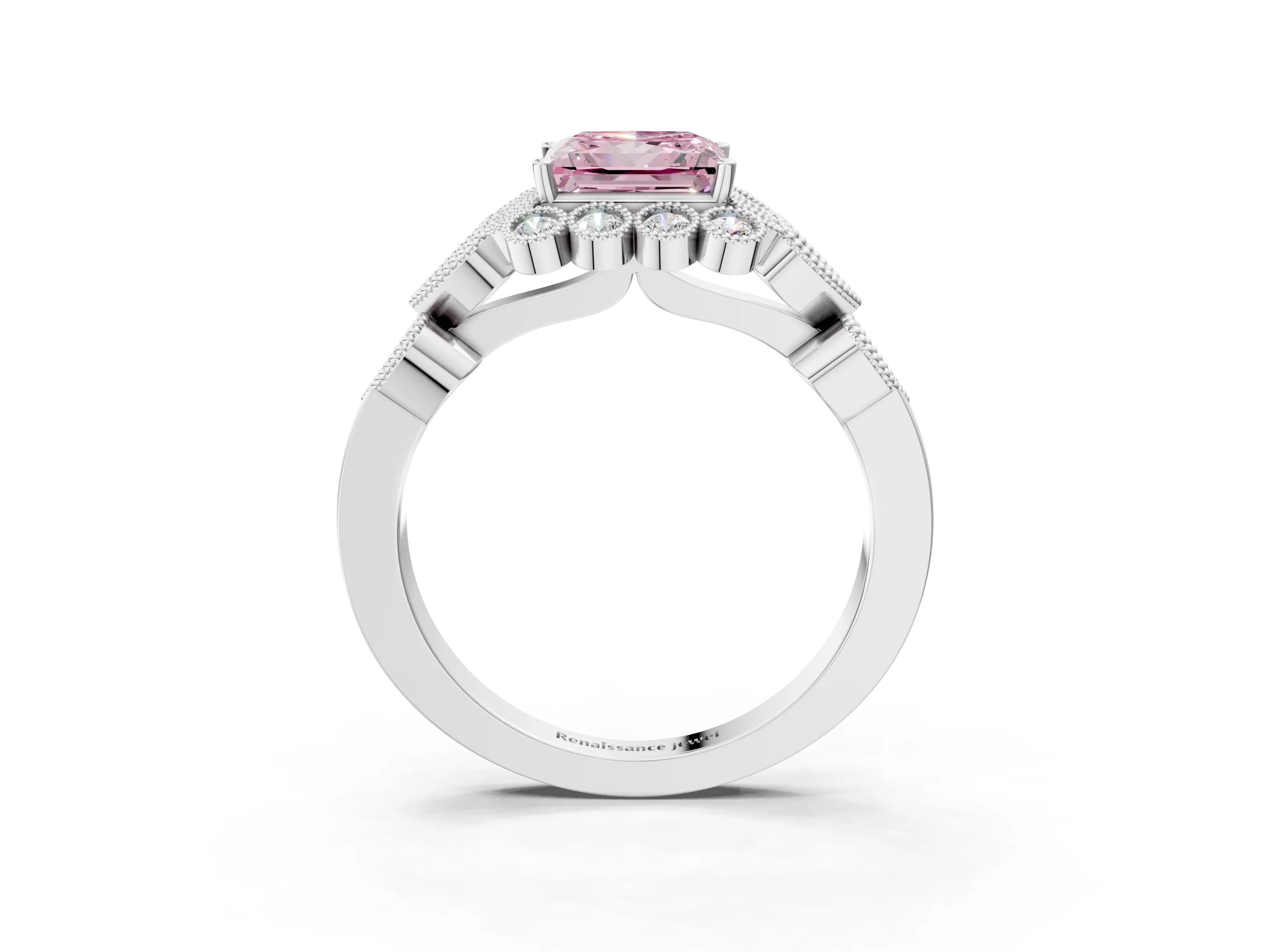 White gold Fancy Pink Princess Cut Brilliant Milgrain Pave Heart Band Solitaire Ring_3