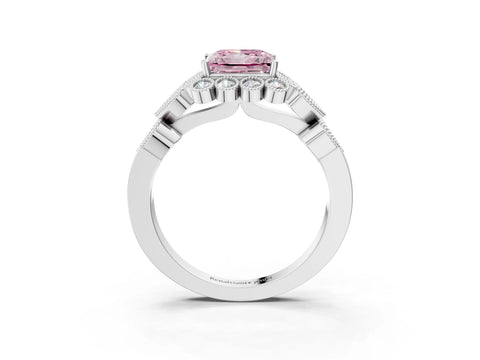 White gold Fancy Pink Princess Cut Brilliant Milgrain Pave Heart Band Solitaire Ring_3