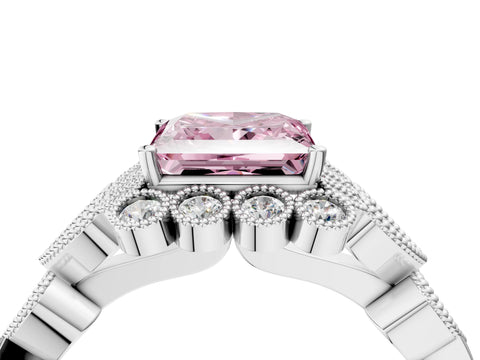 White gold Fancy Pink Princess Cut Brilliant Milgrain Pave Heart Band Solitaire Ring_4