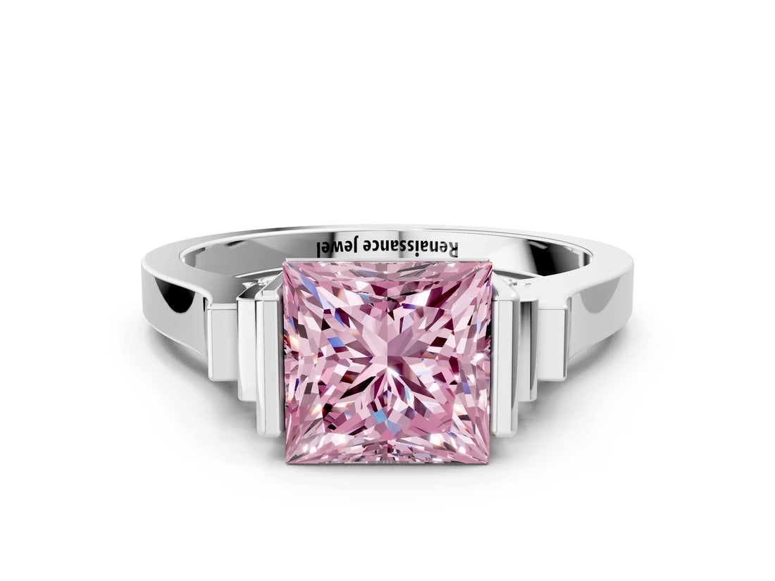 White gold Fancy Pink Princess Cut Brilliant Solitaire Diamond Ring with Channel Set Band and Bar Prong Setting