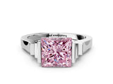 White gold Fancy Pink Princess Cut Brilliant Solitaire Diamond Ring with Channel Set Band and Bar Prong Setting