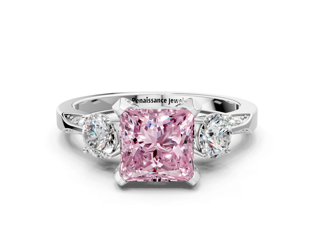 White gold Fancy Pink Princess Cut Brilliant Three-Stone Diamond Ring with Pavé Band and Four-Prong Setting_15