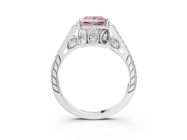 White gold Fancy Pink Princess  Cut Cathedral Pave Diamond Engagement Ring with Six-Prong Setting