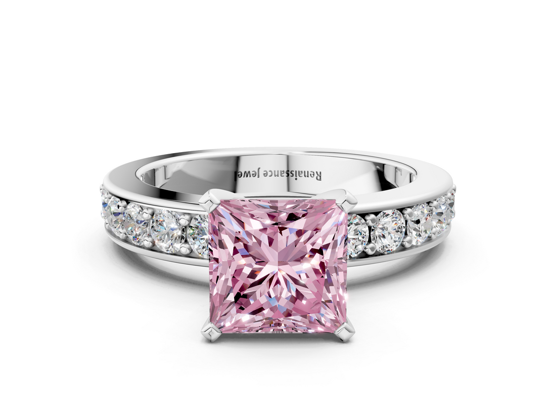White gold Fancy Pink Princess  Cut Channel Set Diamond Engagement Ring with Four-Prong Setting
