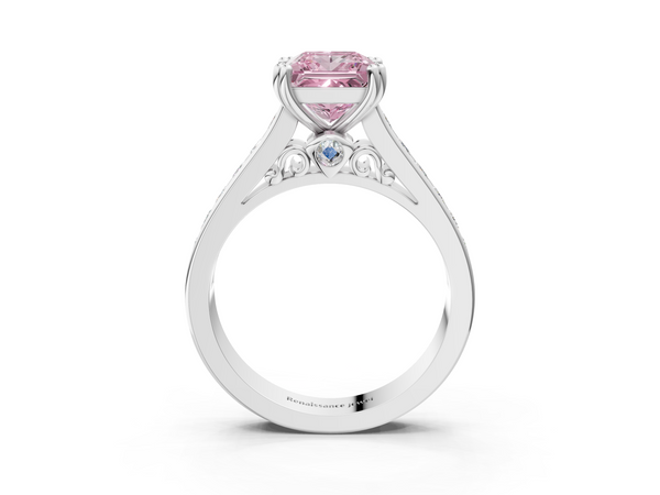 White Gold Princess Cut Channel Set Solitaire Engagement Ring Setting for Fancy Pink Center with Double Claw Prongs