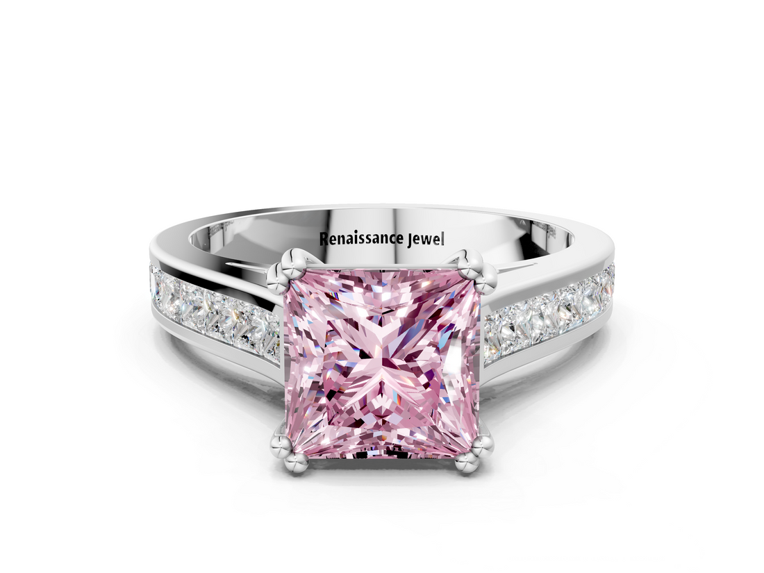 White gold Fancy Pink Princess  Cut Channel Set Solitaire Engagement Ring with Prong Setting