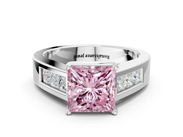 Platinum Fancy Pink Princess Cut Cut Channel Set Solitaire Ring with Four-Prong Setting