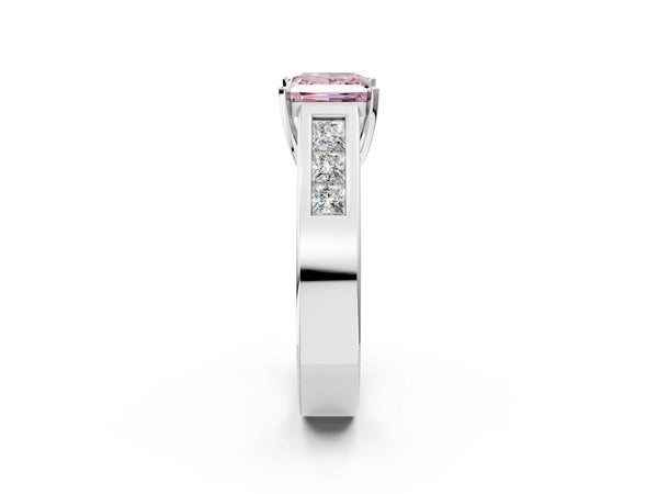 Platinum Fancy Pink Princess Cut Cut Channel Set Solitaire Ring with Four-Prong Setting