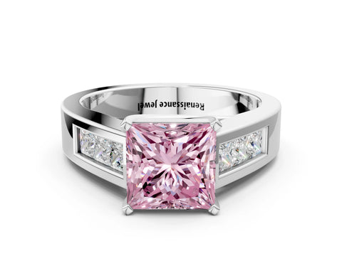White gold Fancy Pink Princess Cut Cut Channel Set Solitaire Ring with Four-Prong Setting