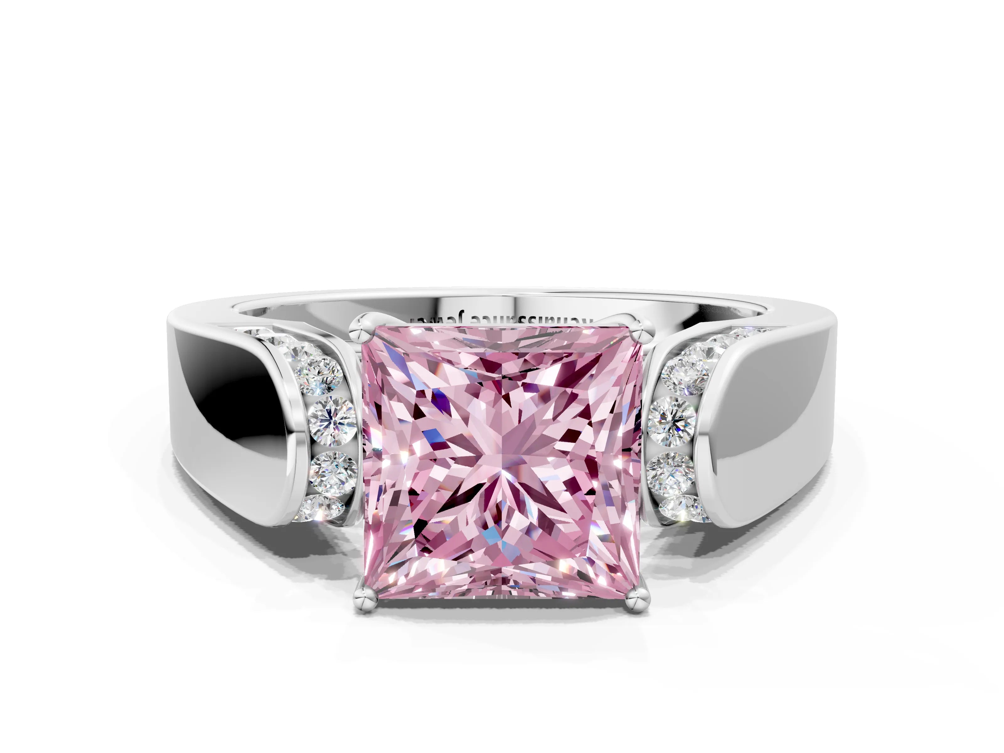 White gold Fancy Pink Princess Cut Cut Diamond Channel Set Solitaire Ring with Four-Prong Setting