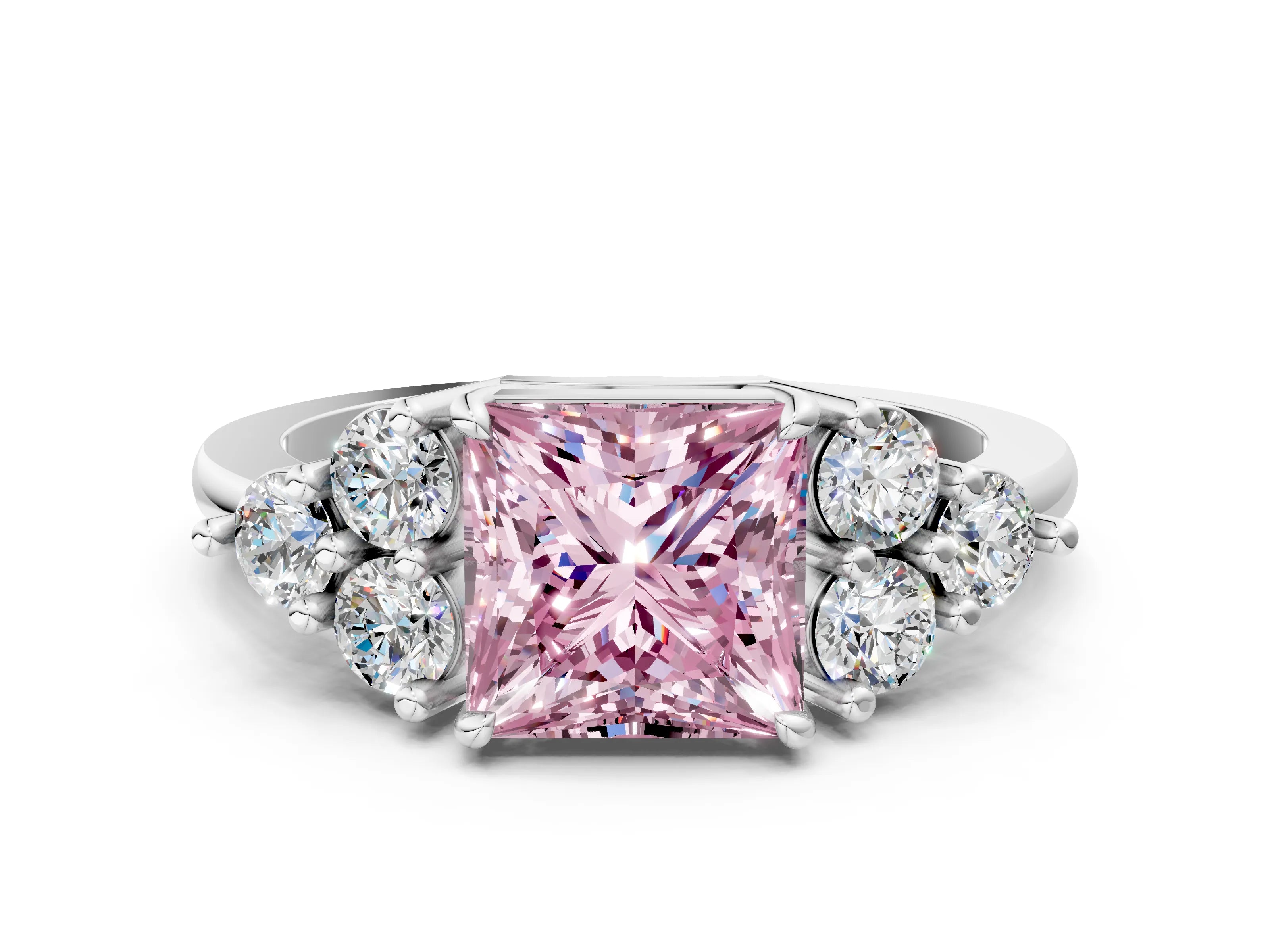 White gold Fancy Pink Princess Cut Cut Diamond Cluster Ring with Solitaire Band and Four-Prong Setting