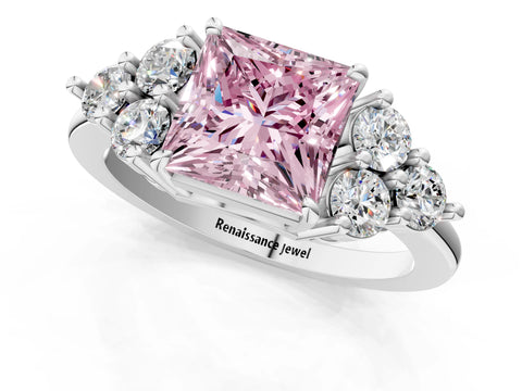White gold Fancy Pink Princess Cut Cut Diamond Cluster Ring with Solitaire Band and Four-Prong Setting_1