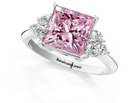 White gold Fancy Pink Princess Cut Cut Diamond Cluster Ring with Solitaire Band and Four-Prong Setting_20