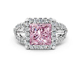 White gold Fancy Pink Princess Cut Cut Diamond Halo Engagement Ring with Open Split Pavé Band