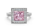 White gold Fancy Pink Princess Cut-Cut Diamond Halo Engagement Ring with Pave Band and Prong Setting