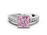 White gold Fancy Pink Princess Cut Cut Diamond Milgrain Pave Band Four-Prong Setting Ring_15