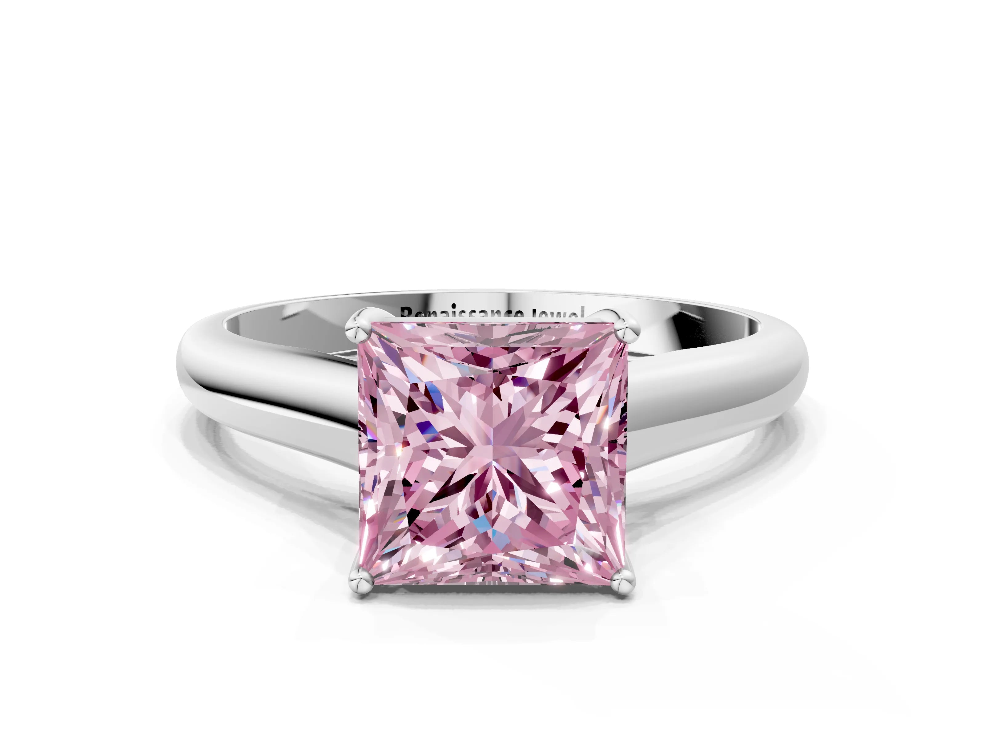 White gold Fancy Pink Princess Cut Cut Diamond Solitaire Engagement Ring with Tapered Plain Band and Four-Prong Setting